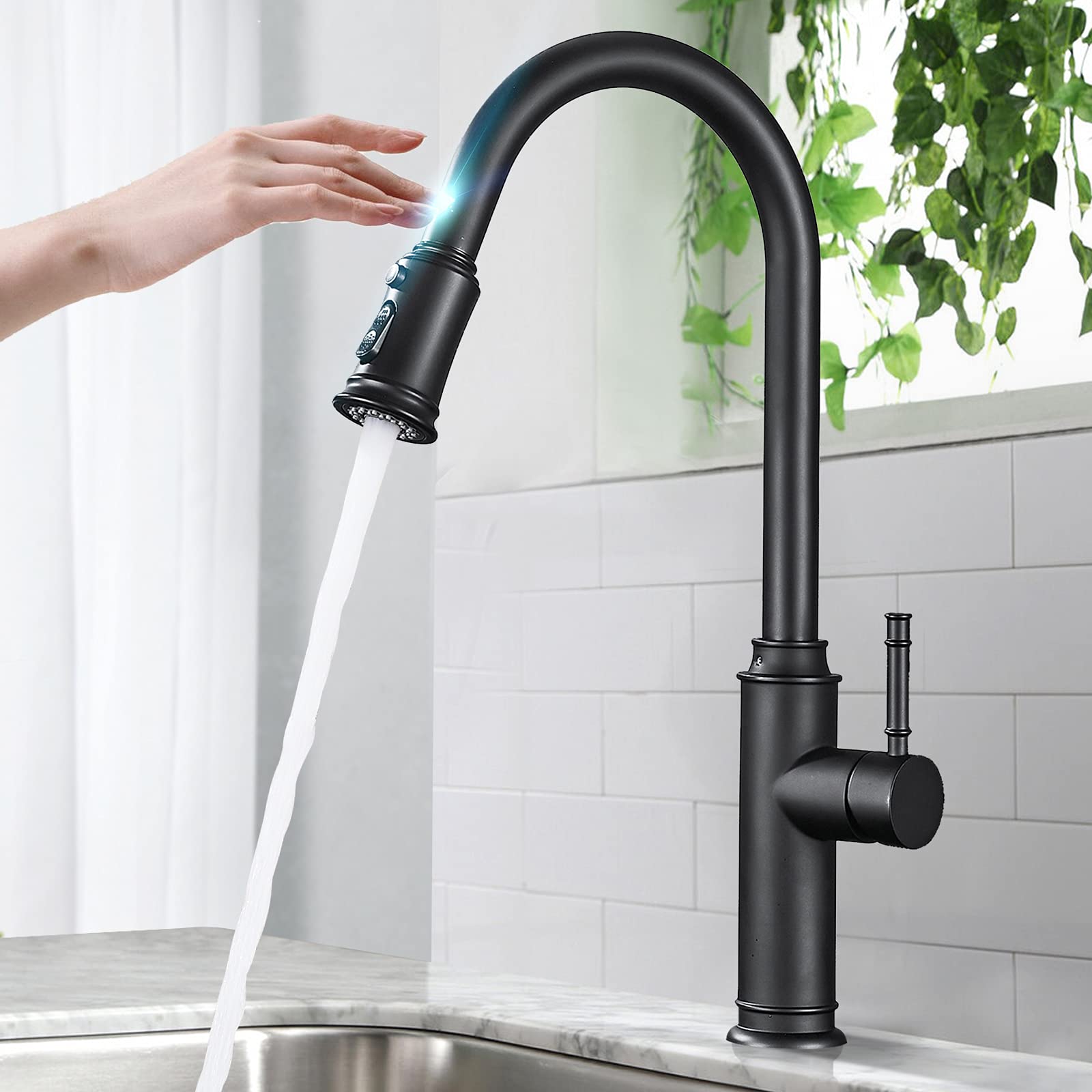Rozin Touch Sensor Kitchen Tap with Pull Out Spout Sprayer and Stream Matte Black Single Lever 360 Degree Swivel Deck Mounted Solid Brass Tap