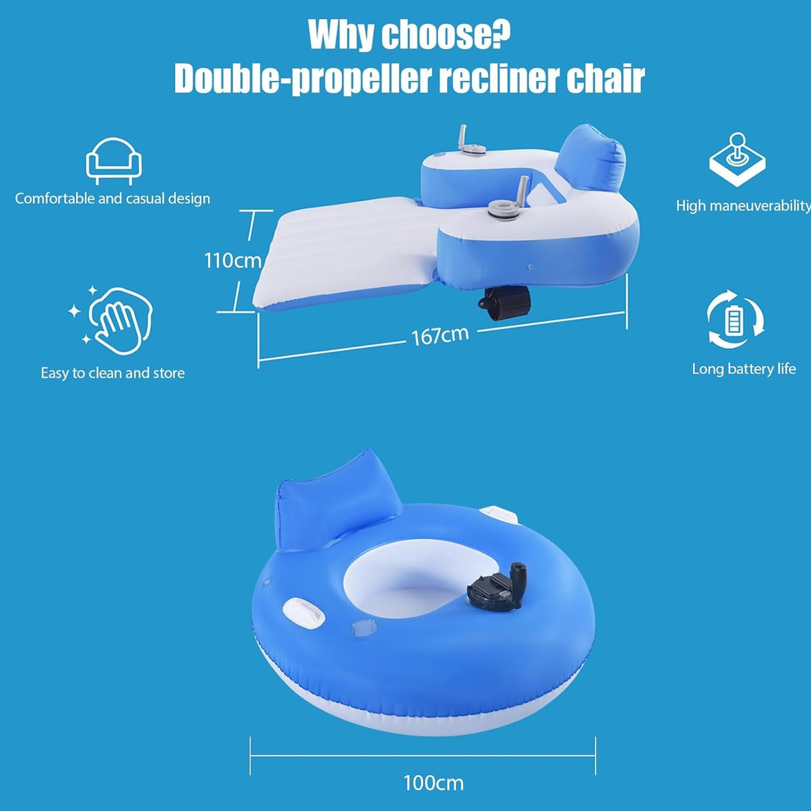 Flotteur de piscine motorisé, chaise longue gonflable avec pompe électrique, pour piscine, lac, plage, relaxation dans le jardin