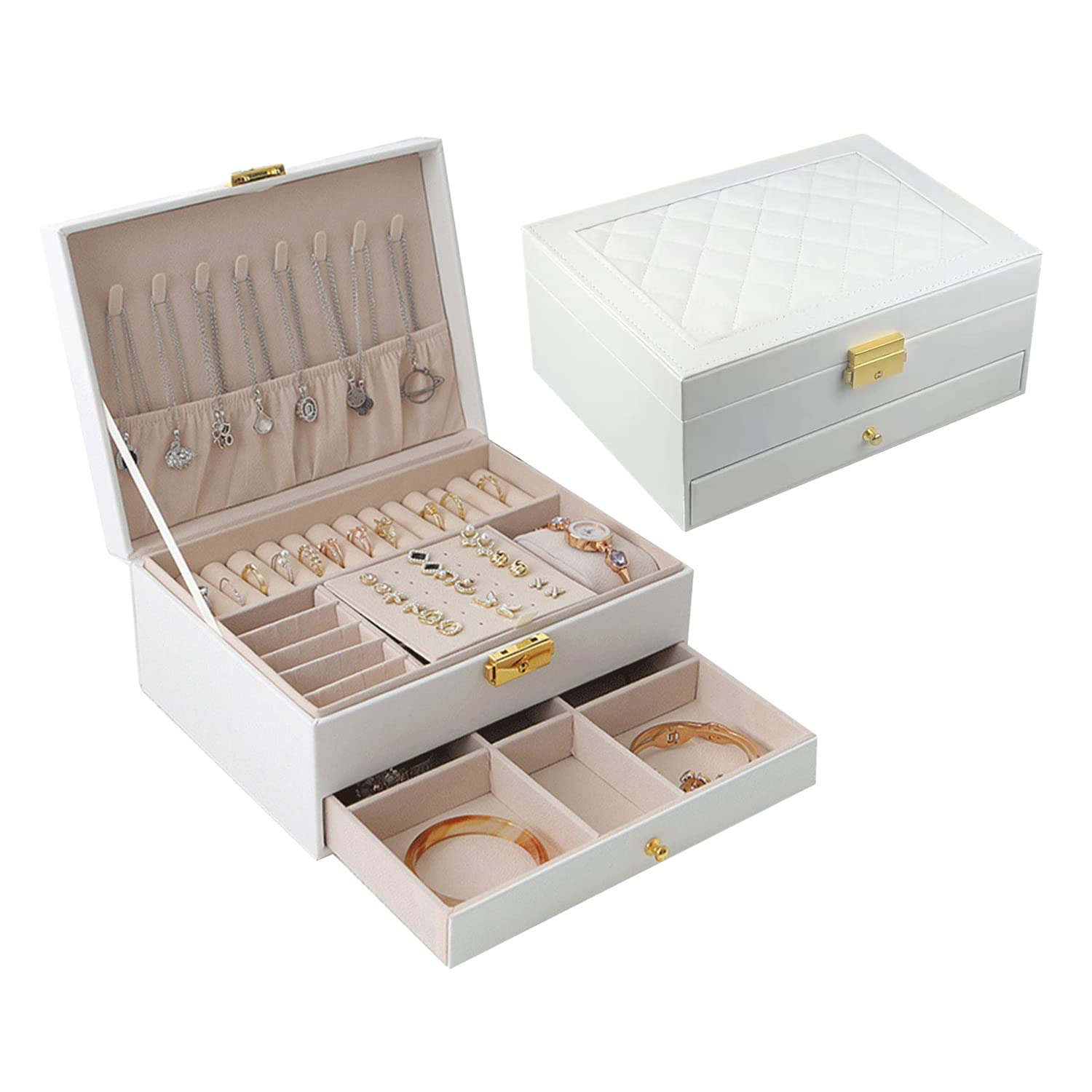 HomarketJewelry Box Organizer for Women Girls,2 Layer Leather Jewelry Storage Box with Lock and Removable Tray,for Necklace Earrings Rings Bracelets (White#1)