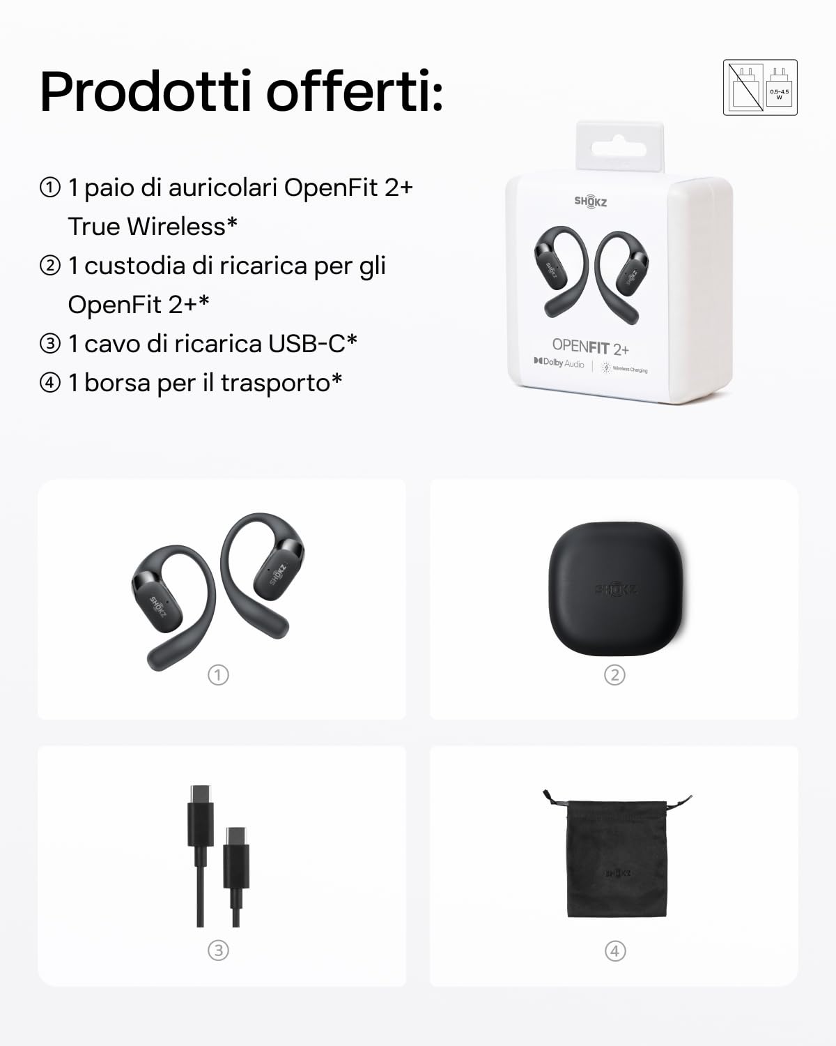 SHOKZ NEW OpenFit 2+ Cuffie Open-Ear con Audio Dolby, Auricolari Comodi con Ganci Morbidi, 48H di Riproduzione, Resistenza all’Acqua IP55, Ricarica Rapida USB-C e Wireless, Custodia Inclusa, Nero