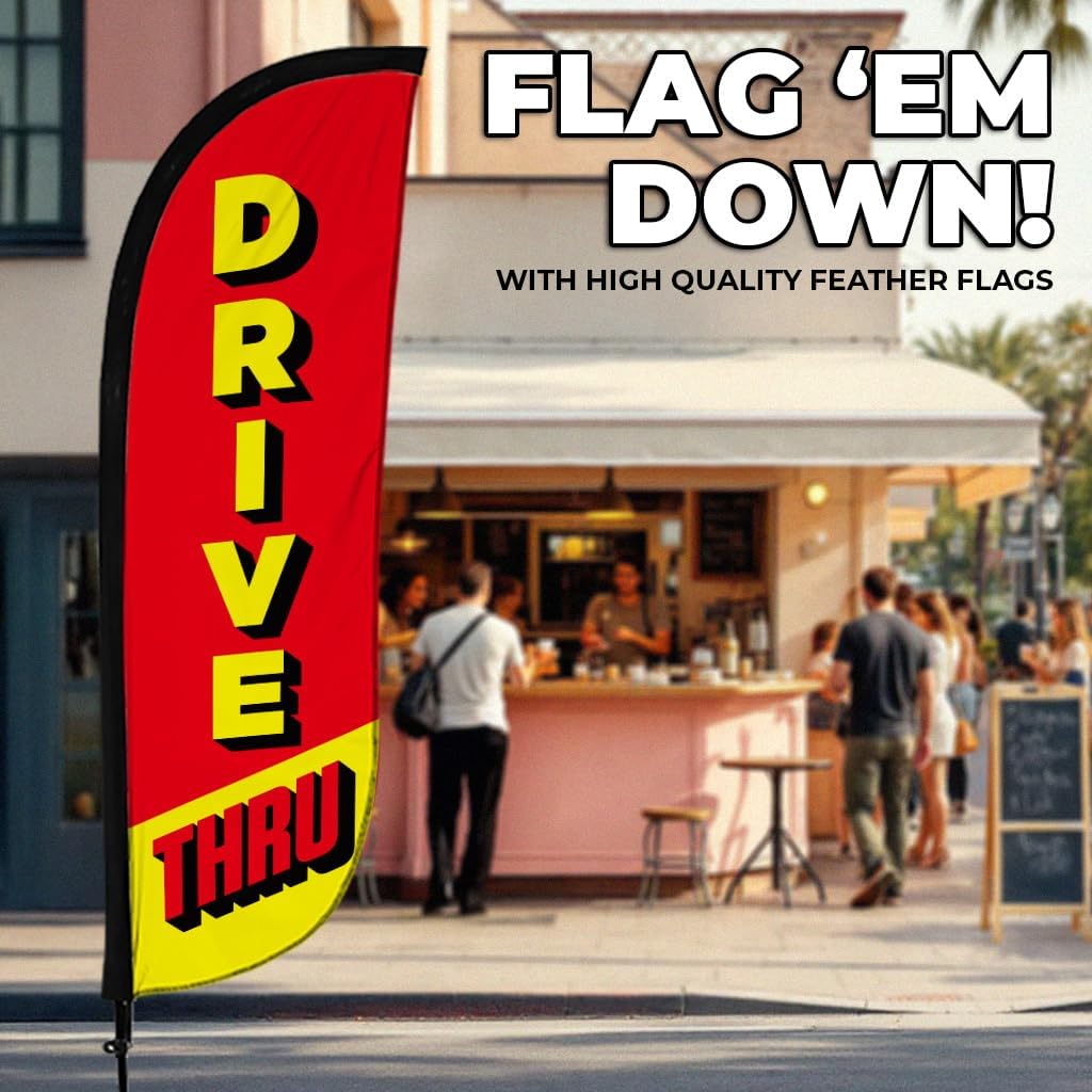 LookOurWay Feather Flag Set - 5ft Tall Advertising Banner Flag with Pole Kit and Ground Spike for Business Promotion - Thrive-Thru Red/Yellow