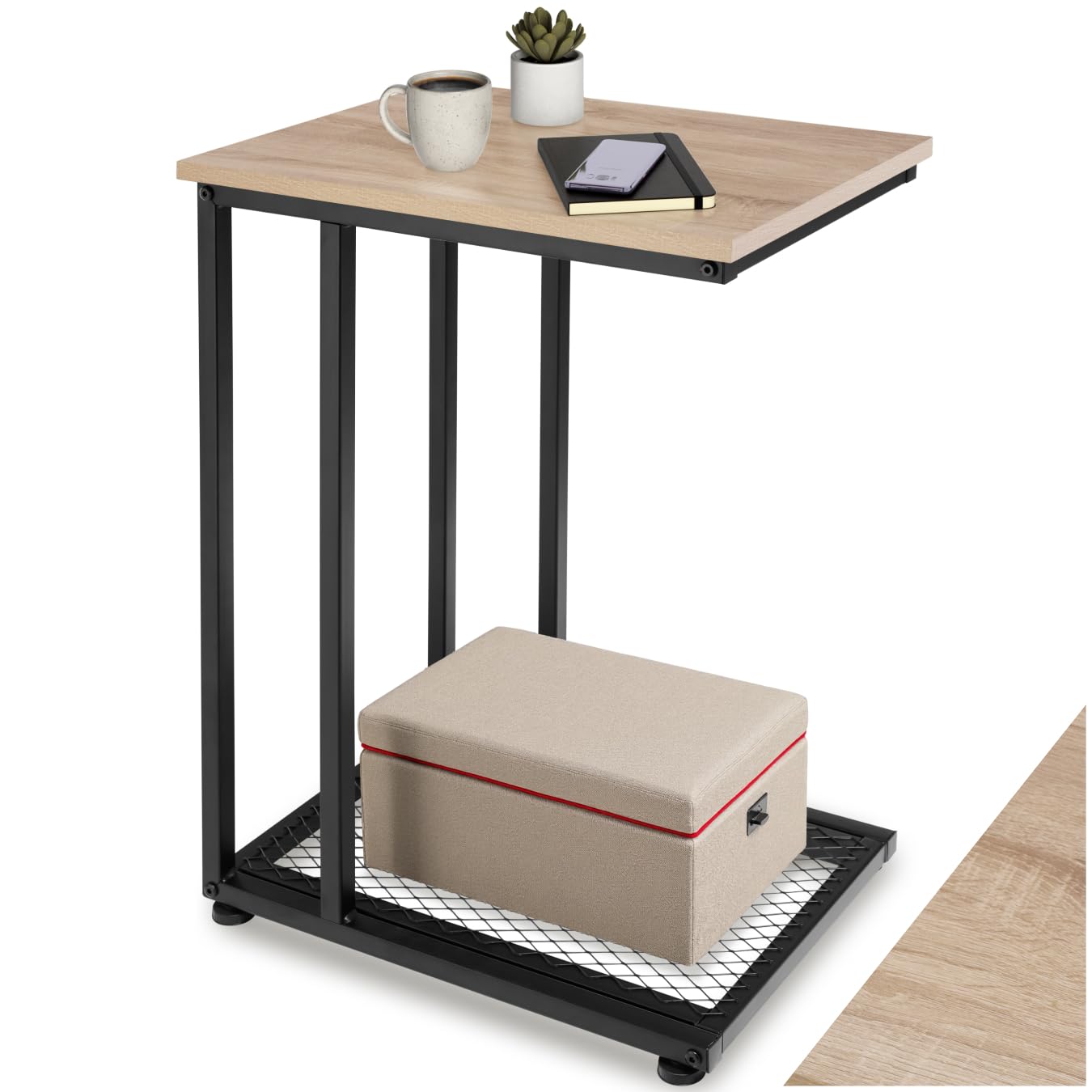 tectake® Beistelltisch Holz Metall, Wohnzimmertisch, Couchtisch C-Form + Gitterablage, 48 x 35 x 66 cm, Laptoptisch für Couch, Betttisch, Sofatablett, Betttablett - Industrial Holz hell, Eiche Sonoma