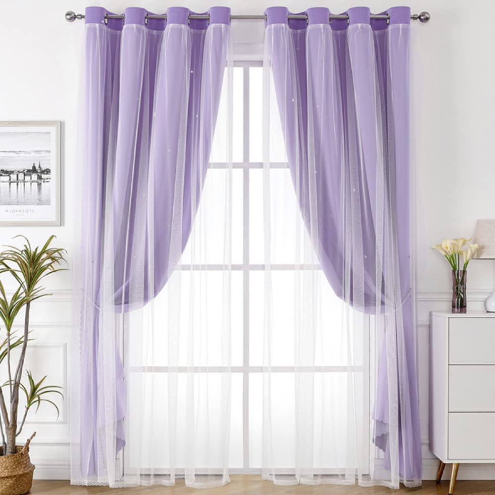 Nyescasa Verdunklungs Vorhänge Kinderzimmer Vorhang Doppellagige Gardienen mit Höhlen Sterne mit Voile Ösenschal für Wohnzimmer Schlafzimmer Mädchen Dekoschal 2er Set 244x132cm(H×B) Lila