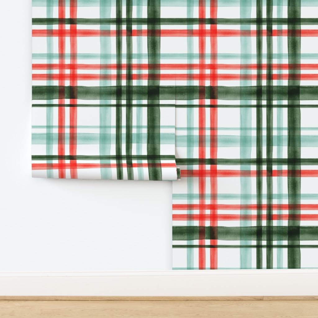 Spoonflower Peel & Stick Wallpaper 3ft x 2ft - Christmas Watercolor Plaid Mint Green Red Traditional Winter Season Custom Removable Wallpaper