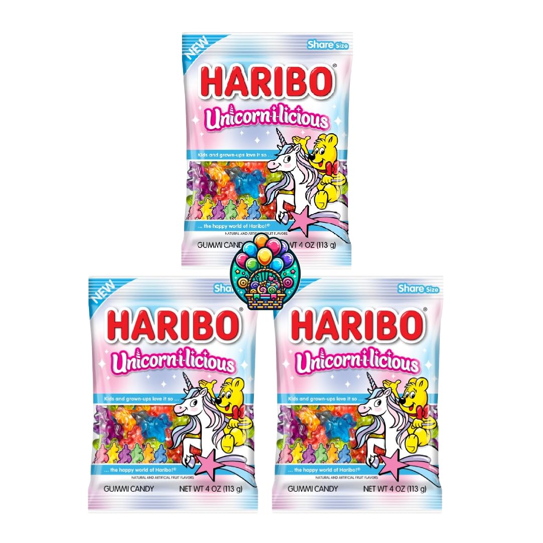 Unicorn-I-licious Gummy Candy - 4oz. (Pack of 3) Share Size Peg Bags for Halloween, Christmas and more in a NikAn Supplies Bag