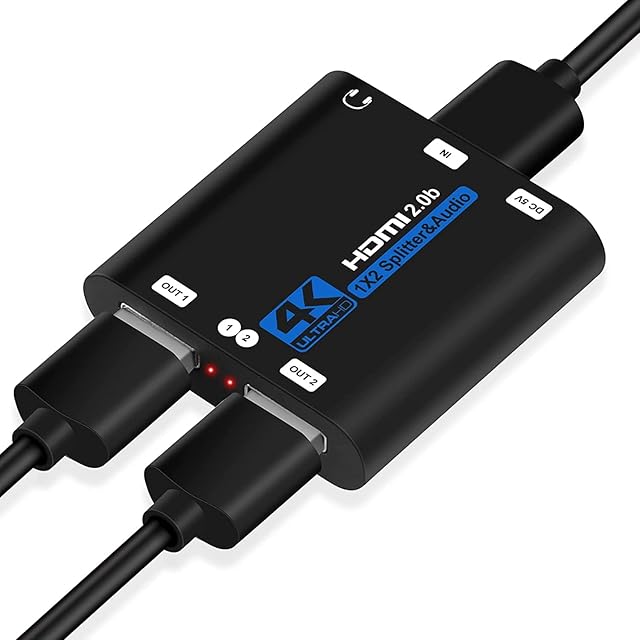 HDMI Splitter 1 in 2 Out, HDMI Audio Extractor 4K 60HZ HDMI Splitter for Dual Monitor, Supports Auto Scaling, HDCP 2.2, HDR 10 for Xbox PS5 Blu-Ray Player Fire Stick Cable Box
