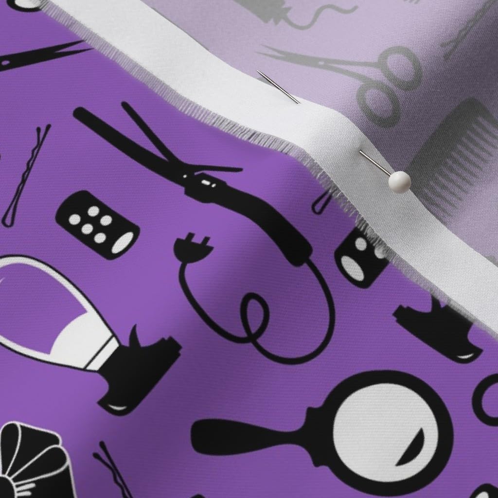 Spoonflower Fabric - Purple Scissors Hair Salon Styling Tools Blow Dryer Hairspray Printed on Organic Cotton Sateen Fabric by The Yard - Sewing Quilting Apparel Home Decor
