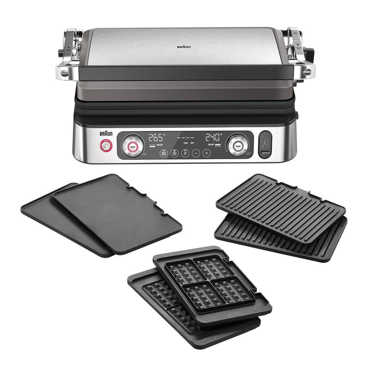 Braun MultiGrill 9 Pro CG 9167, contact grill with grill, flat, waffle plates and temperature sensor, grill positions: contact, BBQ, oven, dishwasher-safe plates, boost function up to 265°