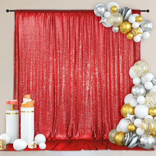 Image of PartyDelight Red Sequin Backdrop 8x8ft 4 Inch Rod Pocket | Dense 3mm red sequins on mesh backing with 4 inch rod pocket for group photos wedding walls stages and banquet focal displays