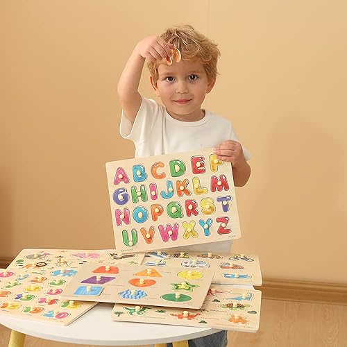 Miniatura 2 de GRINNNIE - Rompecabezas de madera para niños pequeños, paquete de 6 rompecabezas para niños de 3, 4, 5 años (vehículo de dinosaurio animal con forma