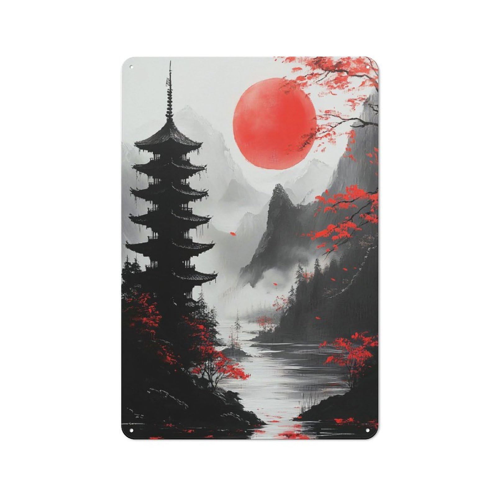 Junmoney Style-19 Workshop Style Japanese Pagoda With Red Sun Tin Sign 30X20cm, Workshop Wall Decor For Tool Room, Garage, Studio Or Home Bar