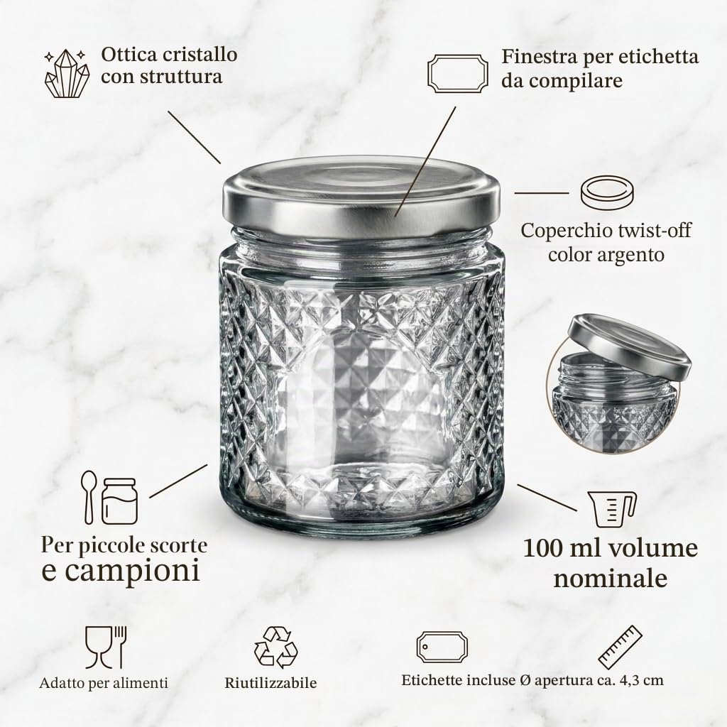 gouveo Set di 18 vasetti 100 ml rotondi in vetro cristallo con coperchio a vite argentato – Vasetti vuoti per conserve e conservazione – Piccoli barattoli decorativi con motivo a diamante (EGK150S)