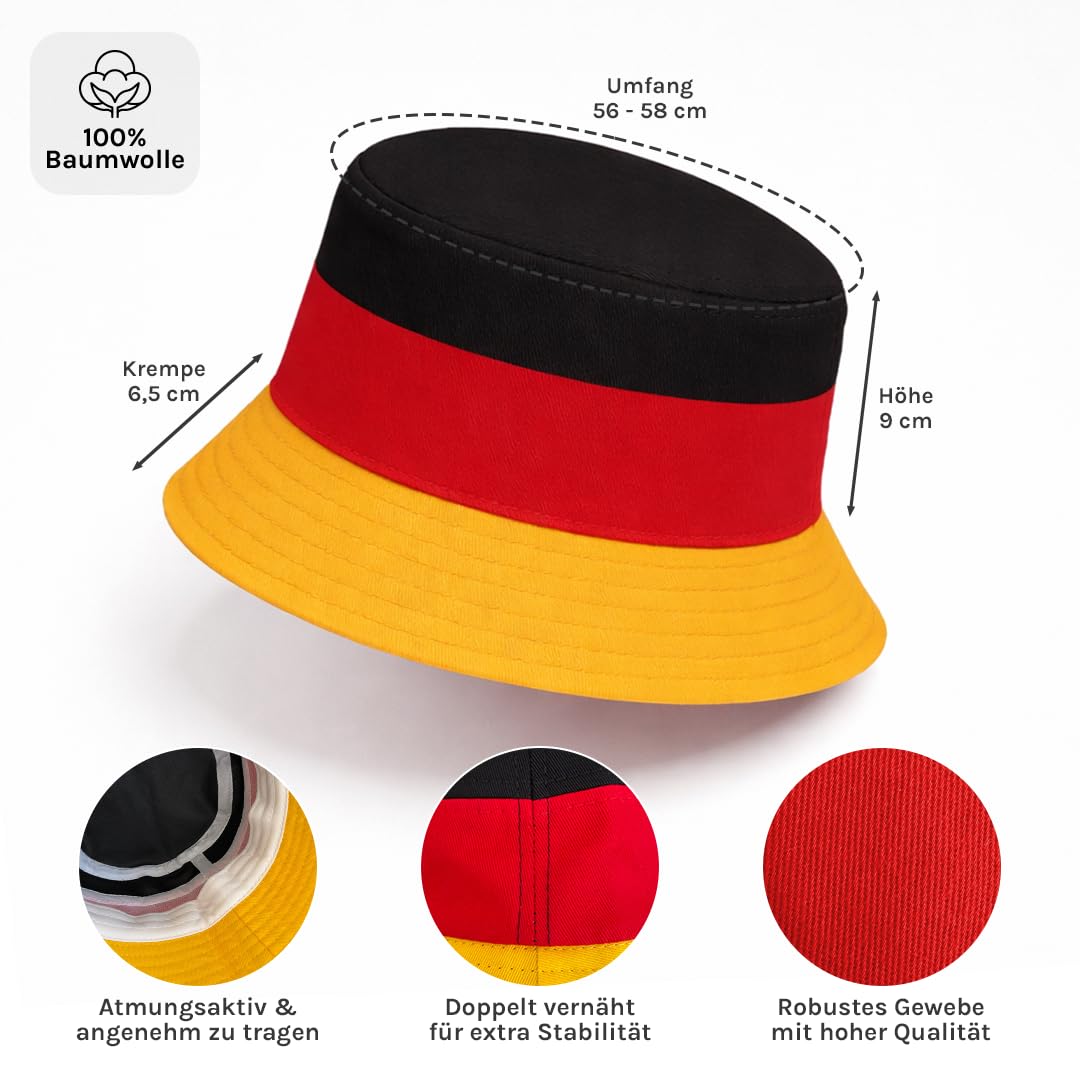 Deutschland Fischerhut Schwarz Rot Gold + Deutschland Blumenkette, Fußball Fan Hut für WM 2026 Weltmeisterschaft, Bucket Hat Herren Damen, Fanartikel, Public Viewing Sonnenhut, Anglerhut DE