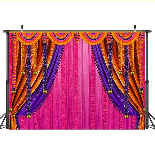 Image of Lofaris Purple India Pooja Photography Backdrop Puja Ganpati Pooja Traditional Mehndi Festival Background Decorations Wedding Party Marigold Garlands Banner Photo Props 7x5ft