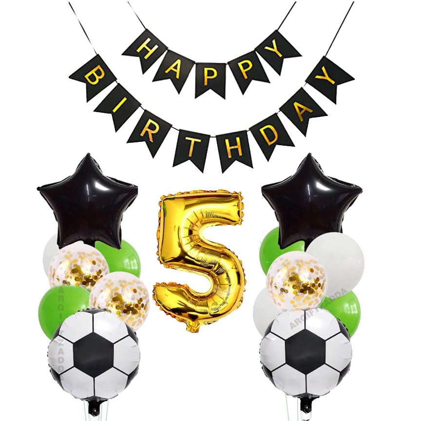 Image of AR GIFTZADDA 4D Football Black White Green Balloon 16 Pcs Bouquet for 5th Birthday, 24 Inch Soccer Foil Balloon Football Party Decorations for Boys Birthday Theme Party (5th Bday kit, Football Foil)