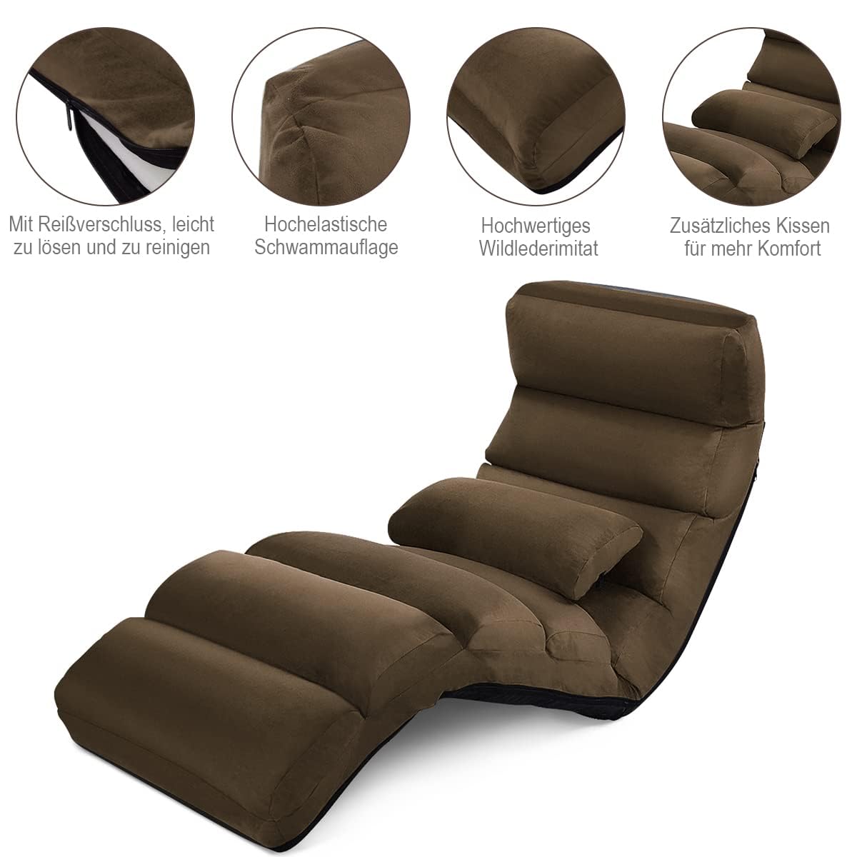 FANTASK Relaxliege klappbar, Bodenstuhl mit Verstellbarer Rückenlehne, Bodenliege mit Schlaffunktion, Bodensofa, Bodensessel, Braun