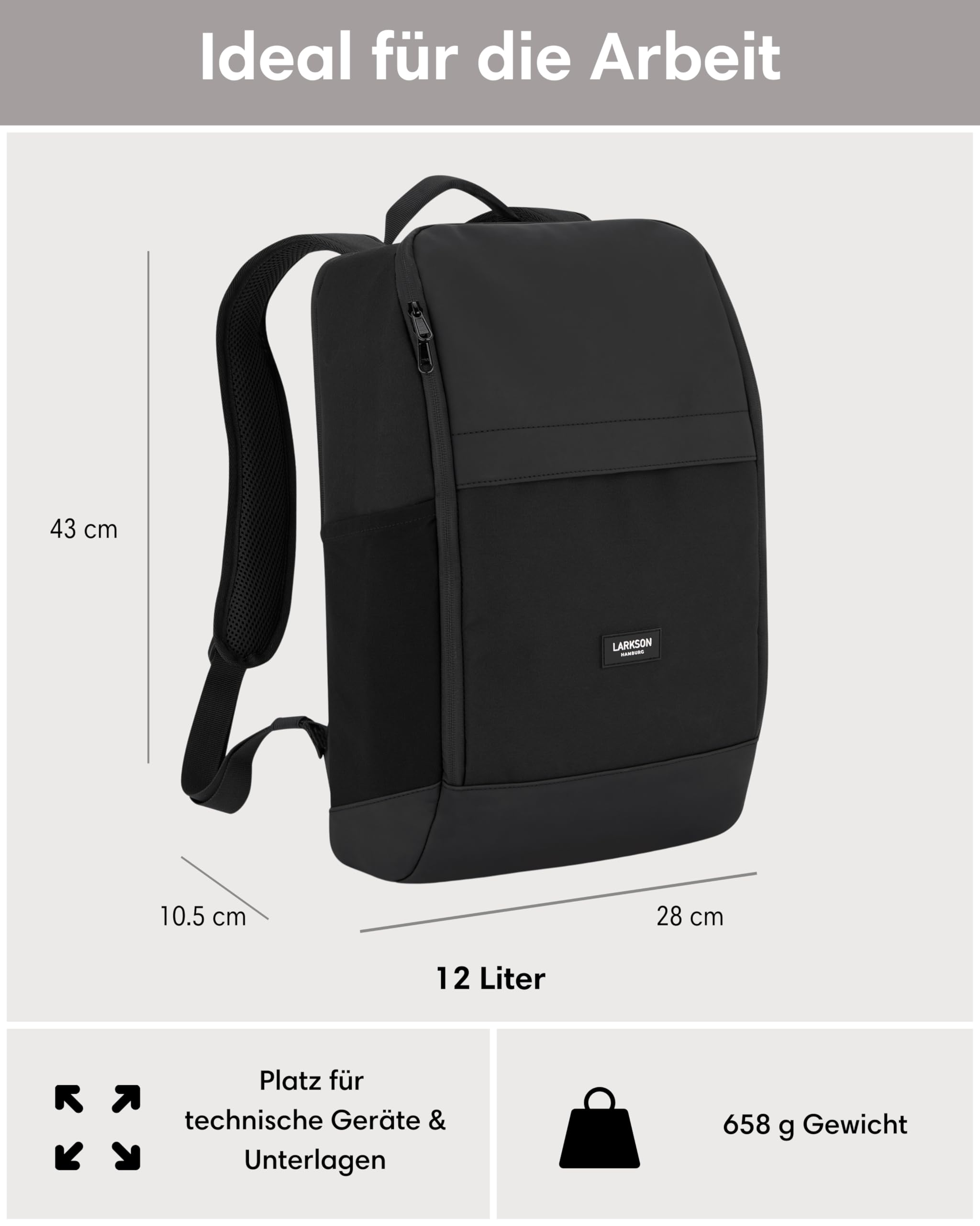 LARKSON Laptop Rucksack Herren & Damen Schwarz - Niklas - Notebook Backpack für Business Arbeit Uni - 16 Zoll Laptoprucksack für Reise Handgepäck - Wasserabweisend