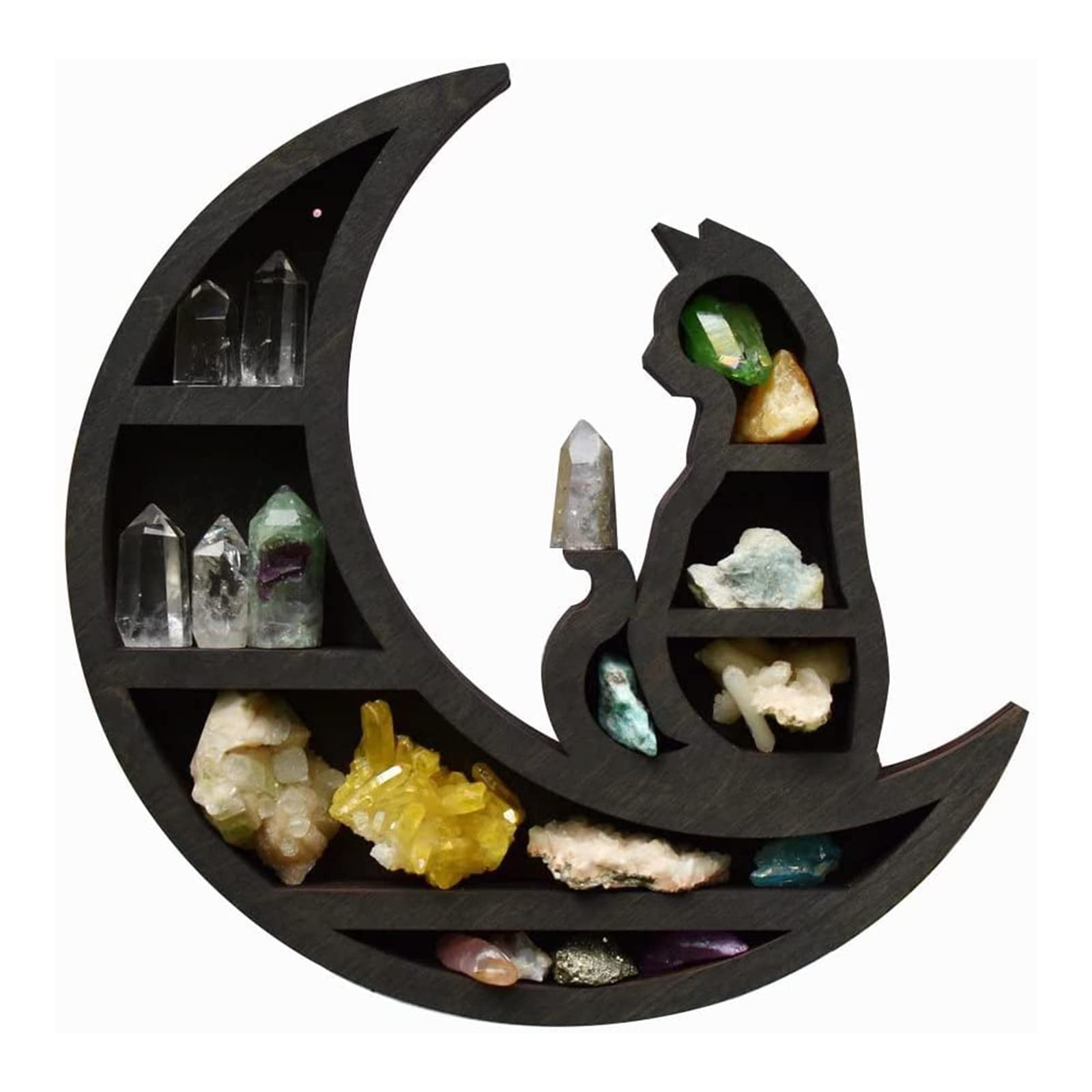 Moon Shelf Room Decor,Cat in The Moon Crystal Shelf,Wooden Crystal Shelf Jewelry Holder,Wall Mounted Floating Shelves,Reversible Essential Oil Shelf for Living Room,Dinning Room,Bed Room