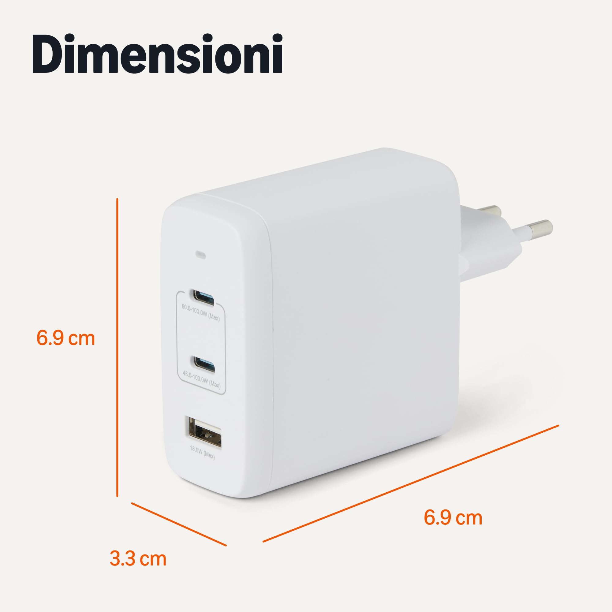 Amazon Basics Caricabatterie da Parete Nano GaN USB-C con Ricarica Rapida, 120W a 3 Porte per Laptop, Tablet e Smartphone, Bianco