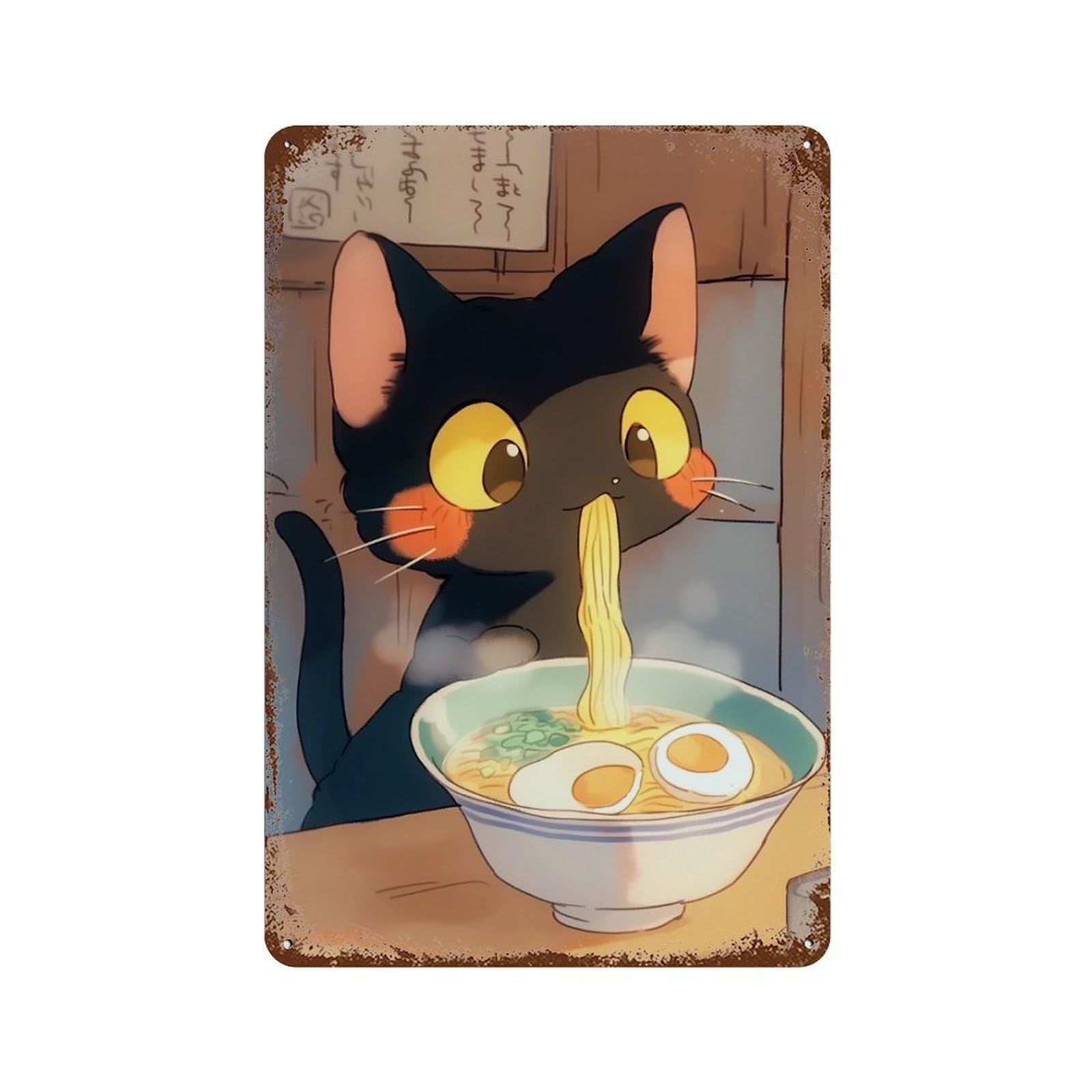 Rust Effect Black Cat Eating Ramen - Japense Food Aged Metal Wall Plaque 11.8"x7.9", Shabby Chic Decor for Basement, Hobby Room And Garage Decor