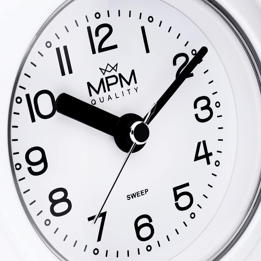 MPM Quality Design Badezimmer-Uhr aus Kunstoff, Quarz-Uhrwerk Sweep, 3-5 ATM Wasserdicht, Weiß, Ø 135 mm, geeignet auch für Außenbereich und als Badezimmeruhr, Pooluhr, Küchenuhr