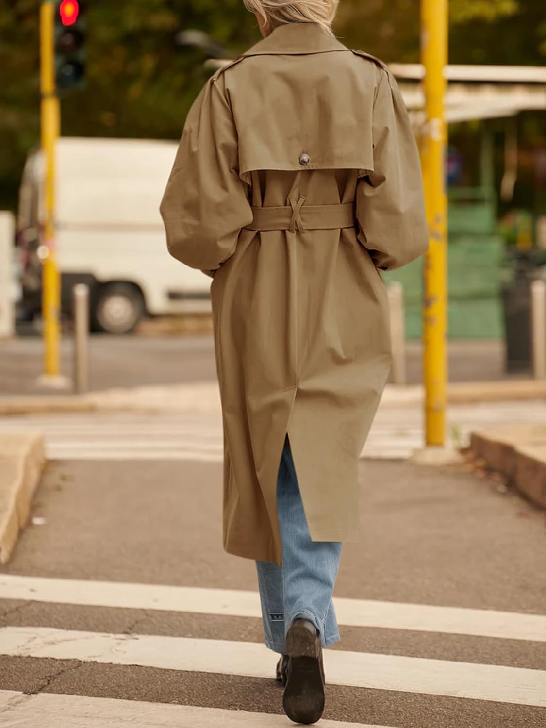 Tankaneo Womens Long Trench Coat Fall Fashion Oversized Double Breasted Lapel Overcoat Outerwear with Belt - Image 5