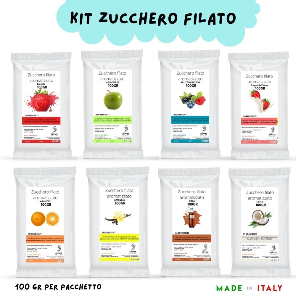 SEMAR® | Zucchero per zucchero filato - 8 gusti (8 x 100 gr) + 100 Bastoncini | AROMI (Mela/Fragola/Fragola & panna/Bosco/Menta/Pistacchio/Vaniglia/Cocco)