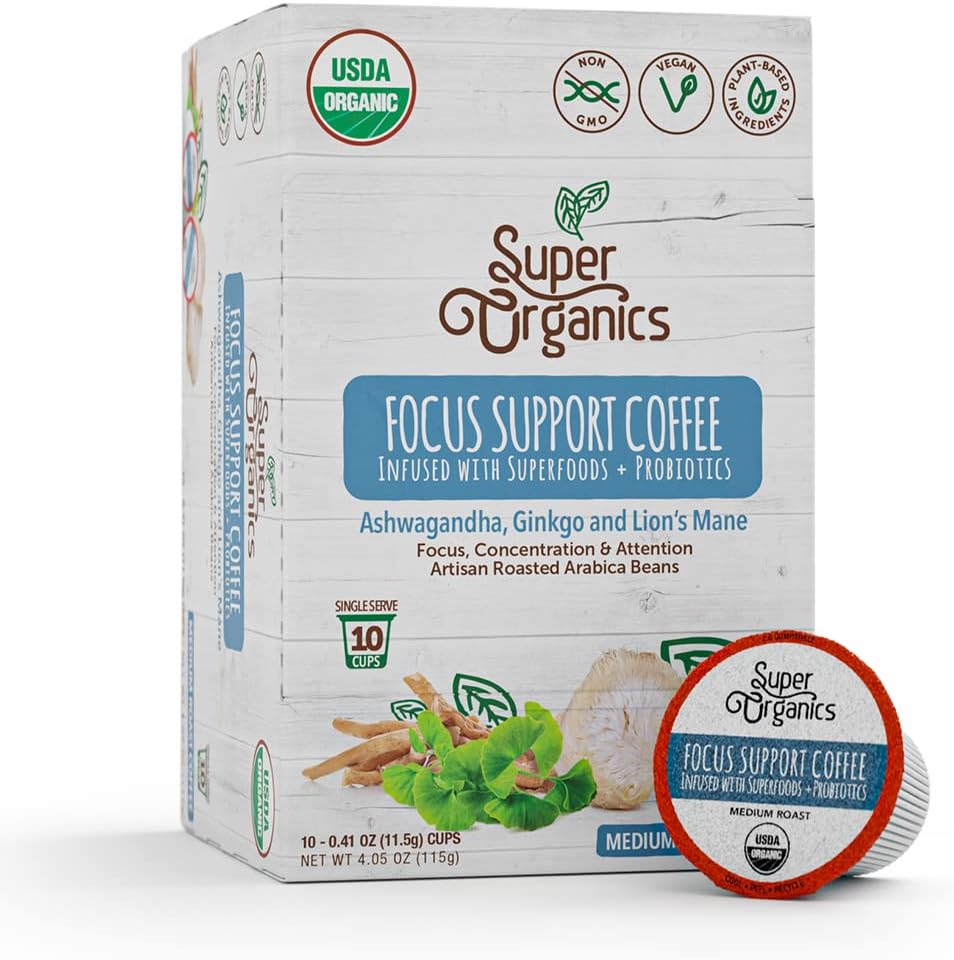 Focus Support Coffee Brew Cups With Superfoods & Probiotics, Adaptogens, Medium Roast, USDA Certified, Vegan, Non-GMO, 10 count