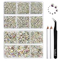 Beadsland 8300PCS Flatback Rhinestones, AB Crystal Rhinestone Nail Gems Round Crystal Rhinestones for Crafts, Mixed 10 Sizes with Wax Pencil and Tweezer Kit, SS3-SS30, Crystal AB