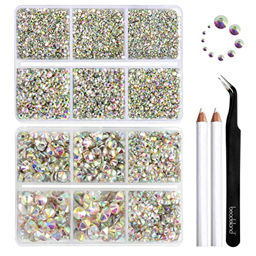 Beadsland 8300PCS Flatback Rhinestones AB Crystal Rhinestone Round Crystal Rhinestones for Crafts Mixed 10 Sizes with Wax Pencil and Tweezer Kit SS3-SS30 Crystal AB