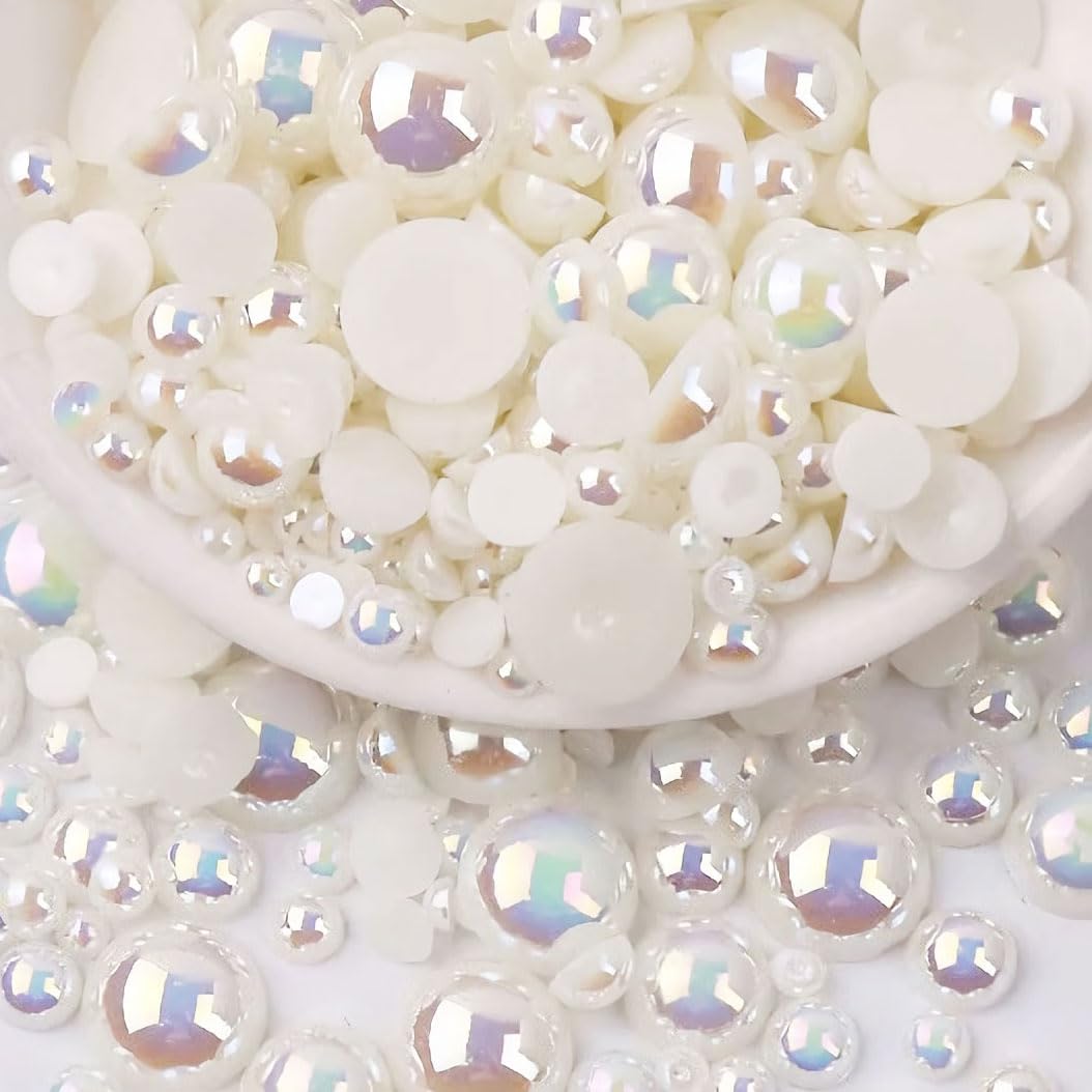 Photo 1 of 2000PCS AB Color Imitation Half Round Pearls Bead Loose Beads Gems, Mixed Sizes 2/3/4/5/6/8/10mm Flatback Pearls for Crafts Jewelry Nail Art Decoration Shoes Clothes Scrapbook(Cream White AB)