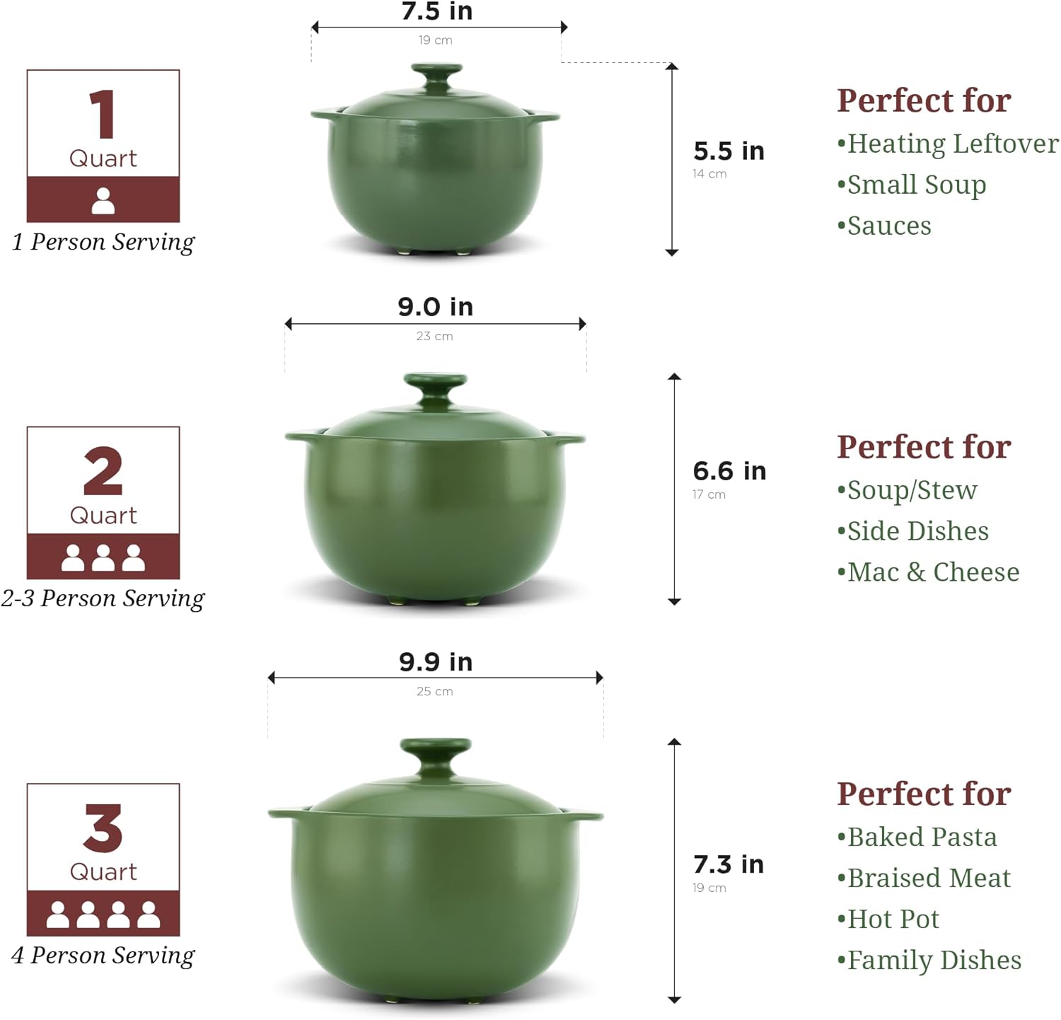 MINH LONG 1-Qt Porcelain Dutch Oven with Lid – Lead & Cadmium Free, Oven Safe to 482°F, Heat Retention, Clay Pot for Cooking on Gas & Infrared Cooktop, Use to Marinate, Cook, Bake, Refrigerate & Serve