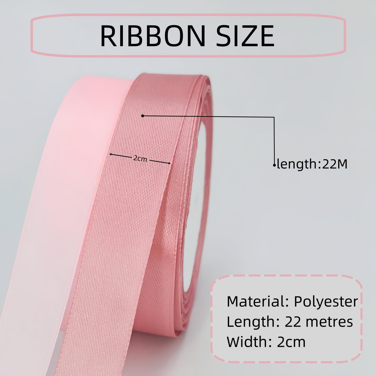 Pink Satin Ribbon 20mm for Crafting Gift Wrapping, Hair, Wedding, Car, Balloon, Cake Decoration - 2 Rolls 22M - Image 2