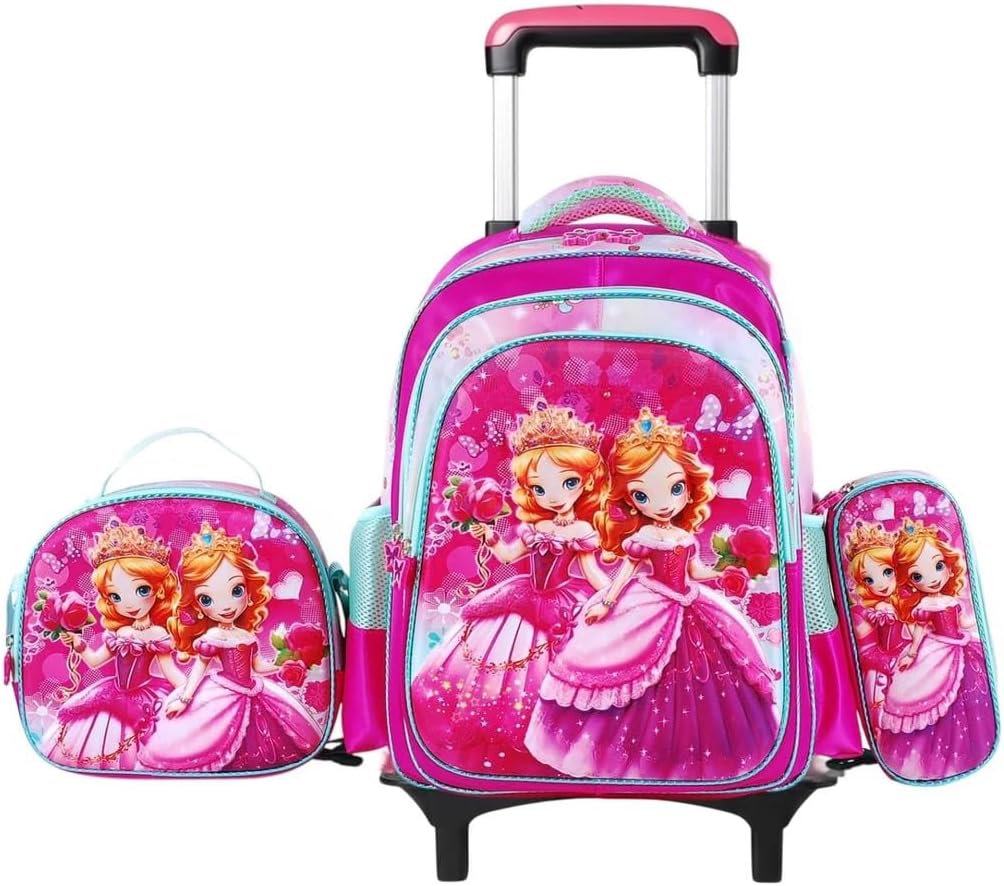 Mochila escolar de rodinhas com LED, kit 3 peças com mochila. lancheira forrada e estojo, para meninos e meninas de 6 a 12 anos (2 PRINCESAS)