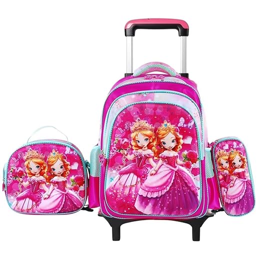 Mochila escolar de rodinhas com LED, kit 3 peças com mochila. lancheira forrada e estojo, para meninos e meninas de 6 a 12 anos (2 PRINCESAS)