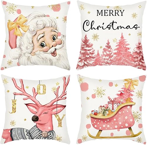 wyooxoo Fundas de almohada de Navidad de 16 x 16 pulgadas, juego de 4 fundas de almohada con diseño de reno rosa con árbol de Navidad, decoración de