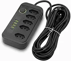 Extensão Tomada, Régua Tomada, Régua de Energia, 5 Tomadas, 4 Interfaces USB, 1 Porta USB Tipo-C, Cabo de Alimentação de 2 metros, Suporte a Tensão de 110-220V, Potência de 2500W (Preto)