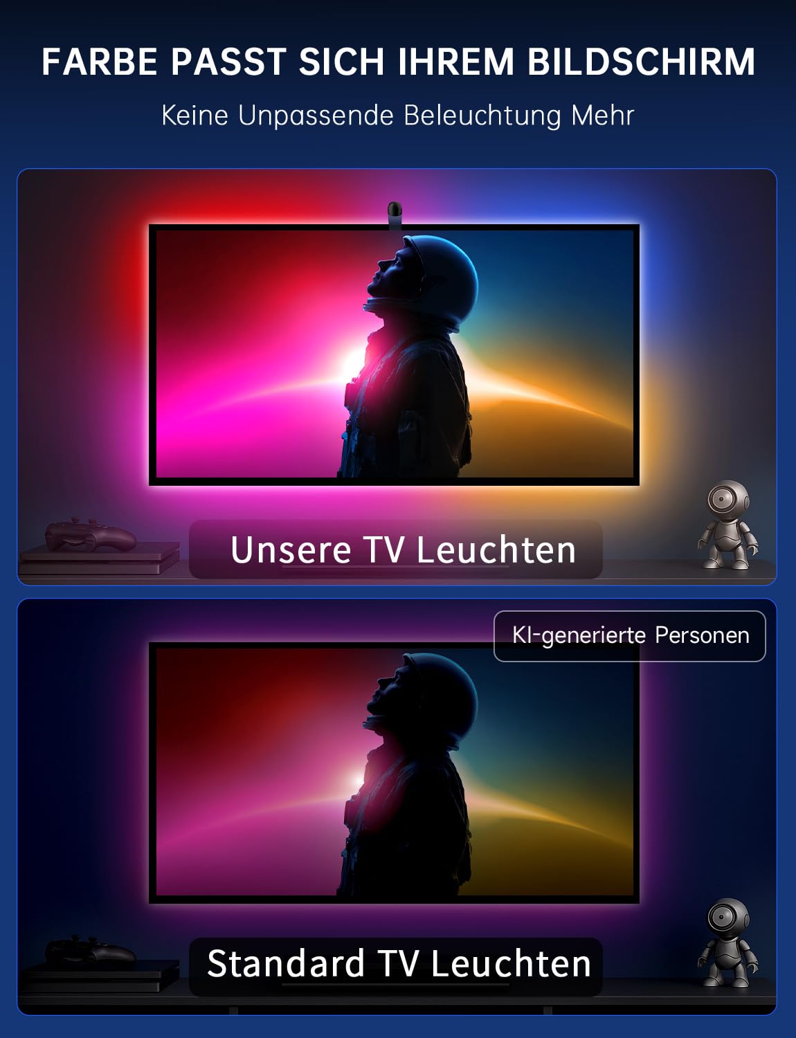 TV Hintergrundbeleuchtung, 4,5 Meter LED Streifen Sync für 55-65 Zoll TVs | TV LED Strip mit Sensor, Smart-App-Steuerung, Spiel & Musik-Sync, RGB-Farbwechsel Streifen für Heimkino