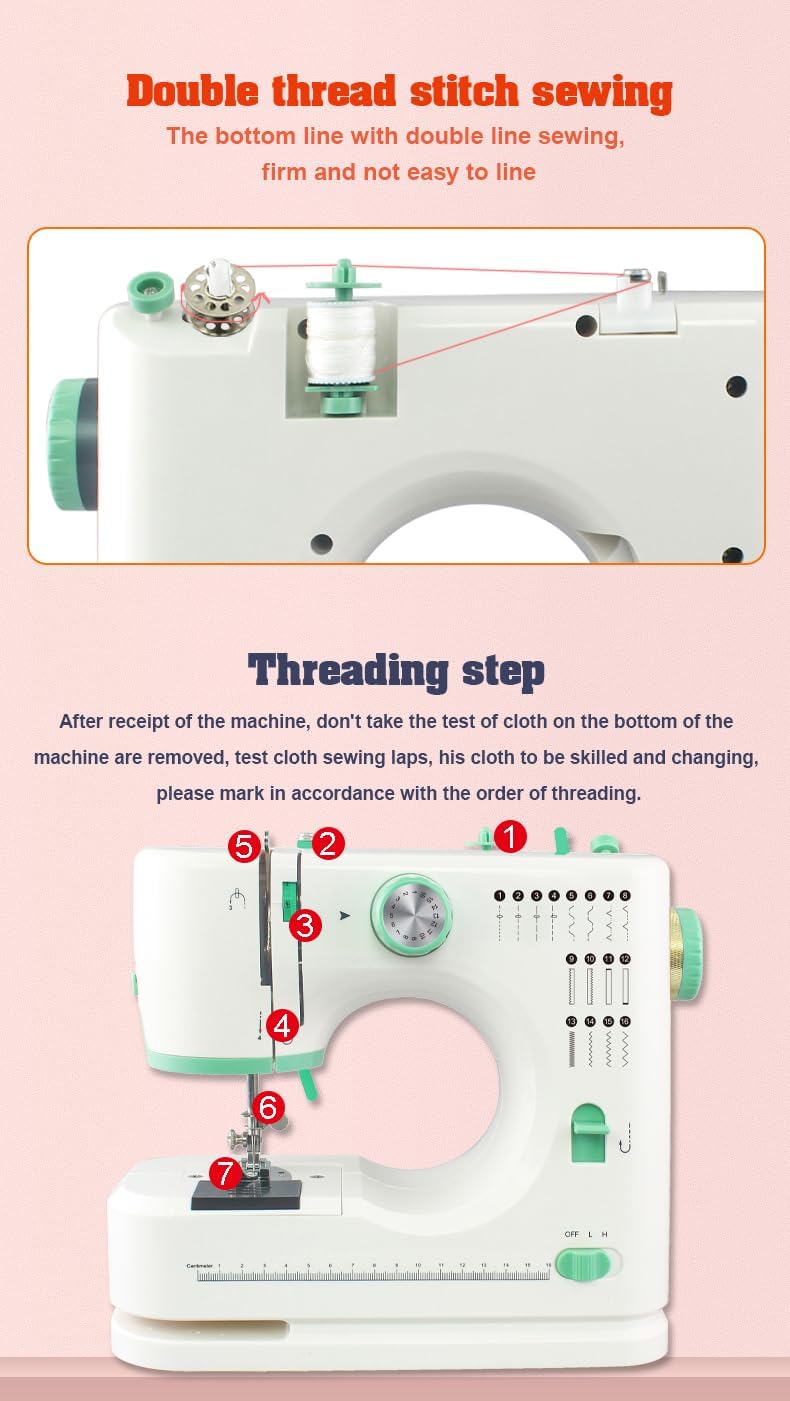 Sewing Machine for Beginners, Portable Mini Small Sewing Machine with 50 Pcs Fabric and 32 Pcs Sewing Threads Kit, 16 Built-in Stitches 2 Speed with Foot Pedal (White and Mint)
