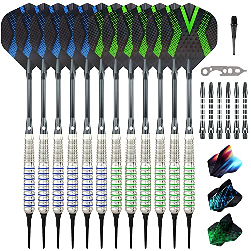 Grebarley Dartpfeile mit kunststoffspitze für elektronische dartscheibe 12 Stück,18 Gramm Profi Softdarts 18 Aluminium Schaft mit 9 Flights 50 Spitzen 20 Oringe (Silber)