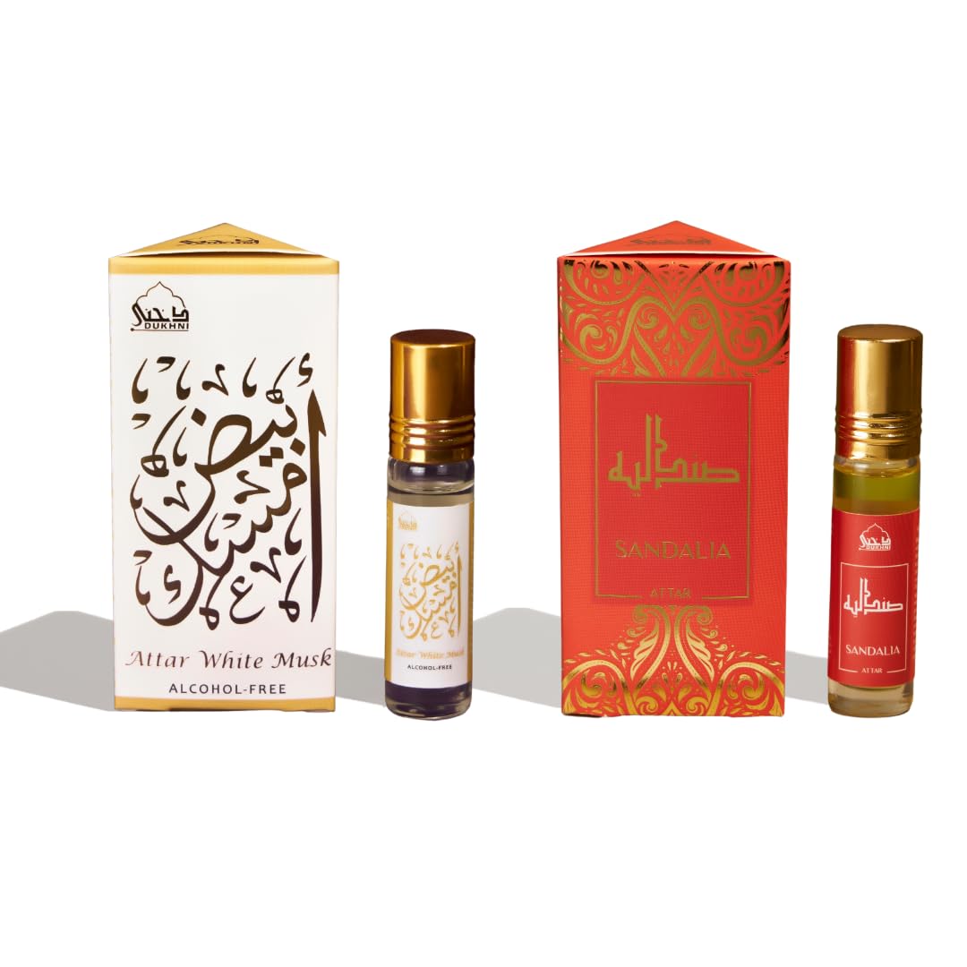 White Musk Attar & Sandalia Attar Oil by Dukhni | 2 x 6ml Arabic perfume oils for men and women | 100% pure musky ittar roll on perfume, chandan, sandal, sandalwood oil alcohol free | Umrah hampers