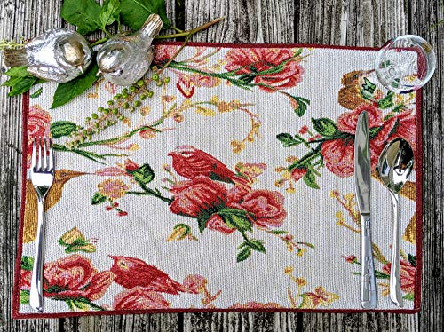 Tache Floral Red Roses Birds Ivory Woven Placemat - Vintage Tapestry Kitchen Dining Dinner Mat Table Linens Place Mat - Set of 4