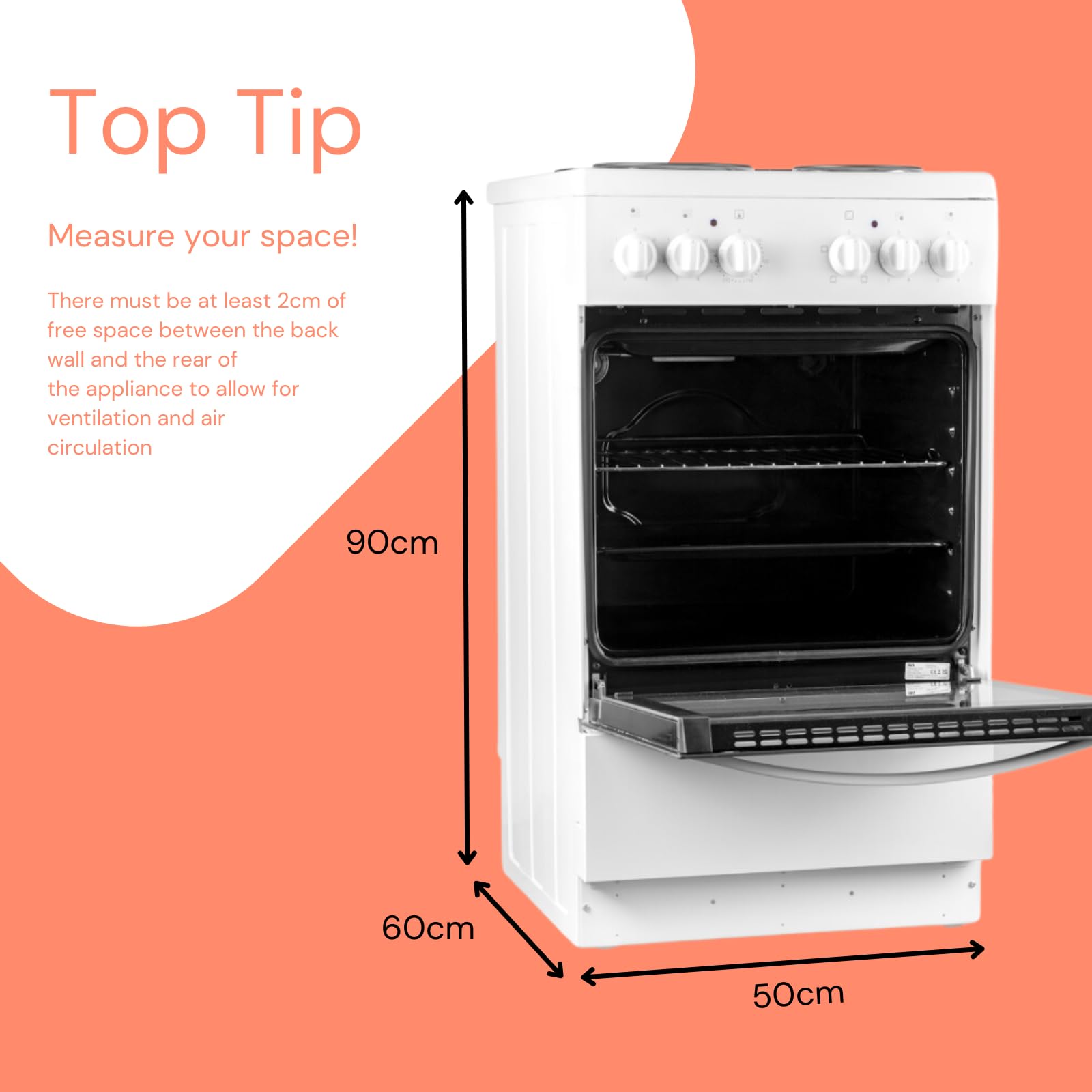 SIA ESXB50W 50cm White Electric Cooker With 4 Zone Plate Hob, Single Cavity, Freestanding — view 2