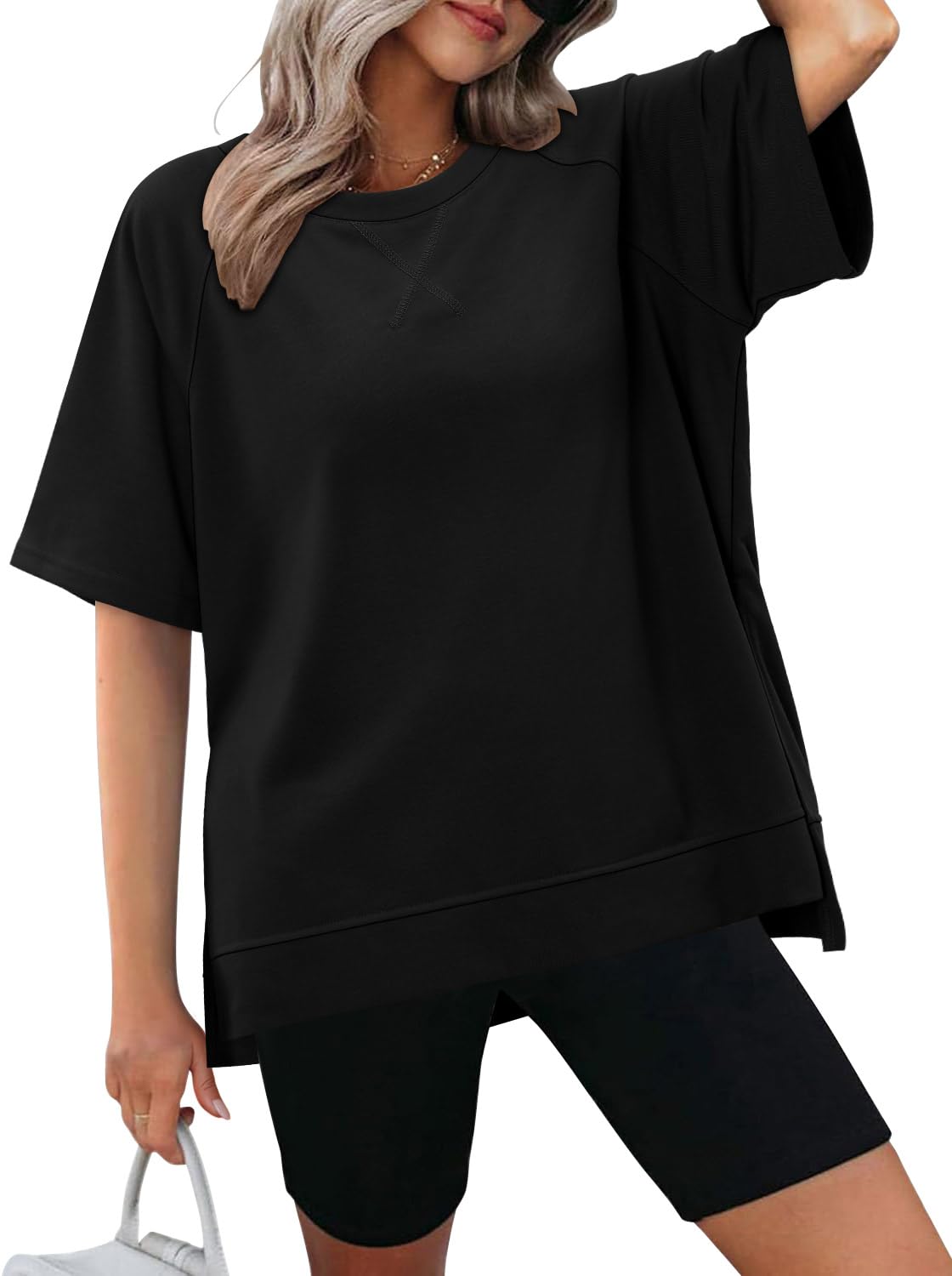 KISSMODA Oversized T Shirts for Women Crew Neck Short Sleeve Casual Summer Tops Loose High Low Blouse