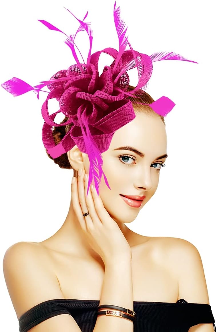 Specell Handmade Fascinator Tea Party Hat for Women, Derby Hat with Feathers Headbands Equipped with Hair Clips and Fasteners