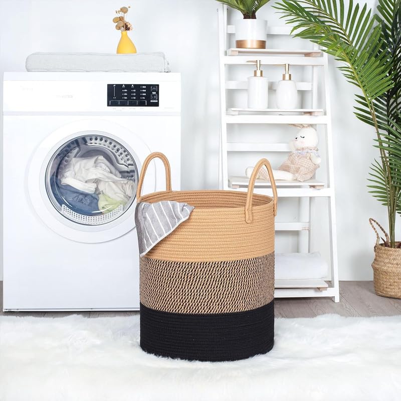 Image of Jute Cotton Rope Laundry Basket with Handles, Large Tall Clothes Hamper for Bedroom, Baby Nursery, Bathroom, Laundry Room & Home Storage Organizer (14x18 Inch, Beige Black 2)
