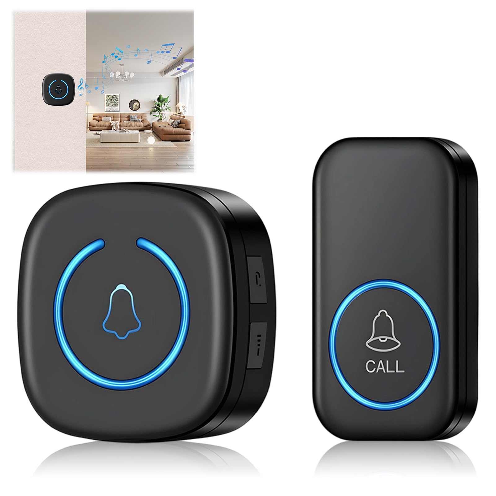 Timbre Inalámbrico Exterior Impermeable 60 Melodías 5 Niveles de Volumen Kit de Timbre Inalambrico Doorbell con 1 Receptores + 1 Botón a Pila Indicador LED 300m Alcance para el Hogar Oficina (Negro)