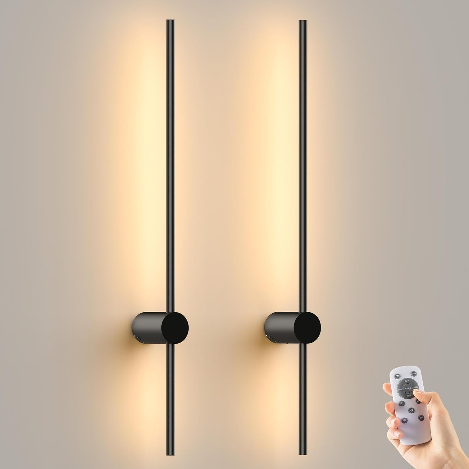 Battery Operated Wall Sconces Set of 2,10000mAh Rechargeable Wireless Sconces with Remote Control,Halloween Decor Dimmable Wall Lamps with 7 Colors,35.4 Inch Modern Black Wall Lights Black-RGB 35.4 inch