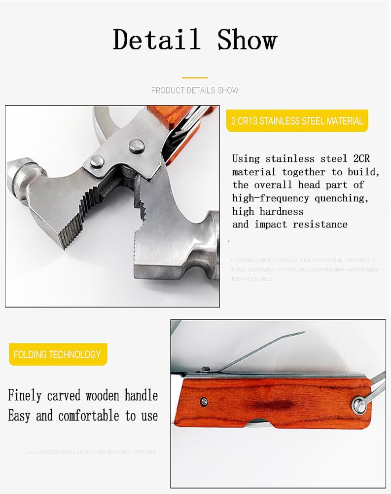 EEYZD Claw Hammer,Multi-Function Stainless Steel Life Saving Hammer, Fine Carved Wooden Handle Grip Suitable More Durability Safety Hammer, for Outdoor Camping Travel,Claw Hammer