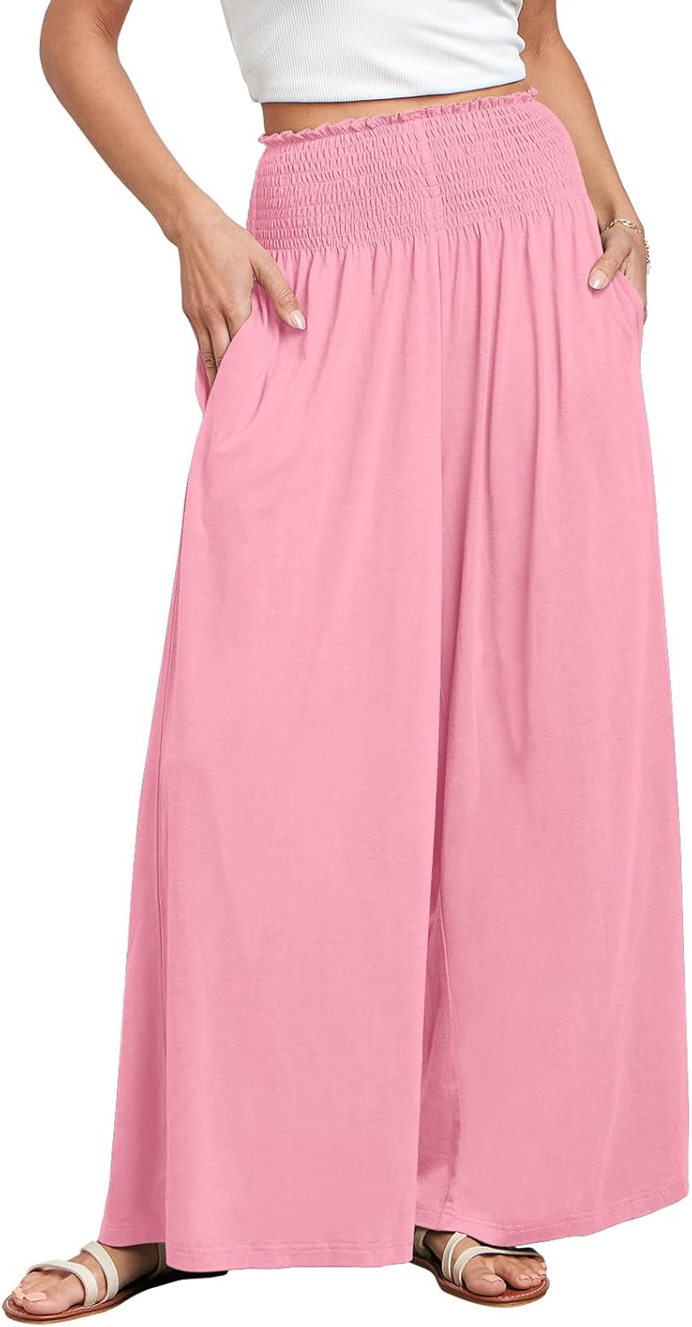 ANRABESS Women Palazzo Pants Summer Boho Bagyy Wide Leg High Smocked Waist Casual Loose Lounge Pant with Pocket